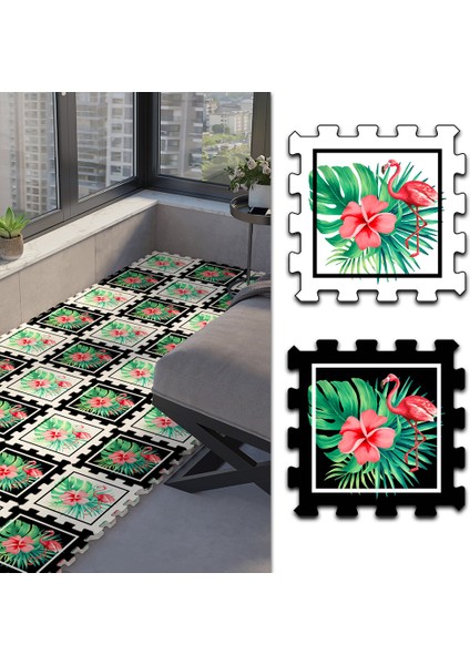 Dijital Baskılı Filamingo Figürlü Balkon Halısı Yolluk Yapboz Puzzle Japon Halı