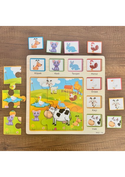 1 Adet Hayvan Figürlü Ahşap Puzzle-Masif Bultak-Kedi,köpek,tavşan 16PARÇA Puzzle
