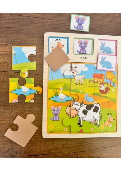 1 Adet Hayvan Figürlü Ahşap Puzzle-Masif Bultak-Kedi,köpek,tavşan 16PARÇA Puzzle