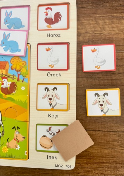 1 Adet Hayvan Figürlü Ahşap Puzzle-Masif Bultak-Kedi,köpek,tavşan 16PARÇA Puzzle