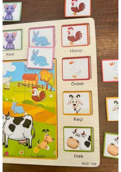1 Adet Hayvan Figürlü Ahşap Puzzle-Masif Bultak-Kedi,köpek,tavşan 16PARÇA Puzzle