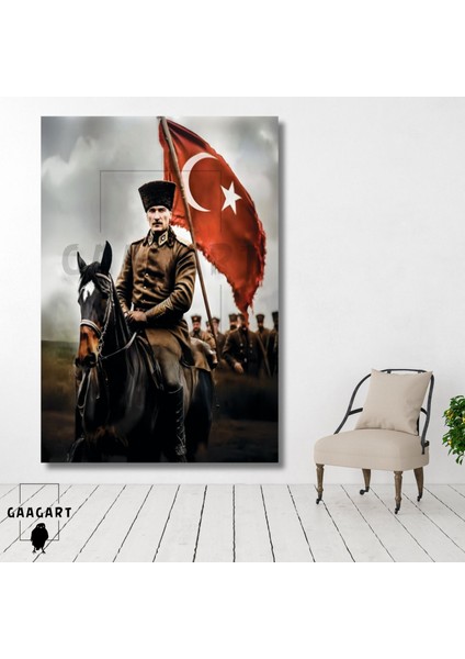 Tekli Dikey Kanvas Duvar Tablosu At Üzerinde Atatürk
