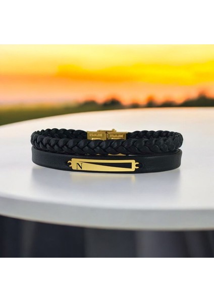 Altın Plakalı 14 Ayar Dekoratif Dikdörtgen Motifli Özgün Derili Erkeklere Özel Harf Bilekliği-393Harf-Siyah fiyatları