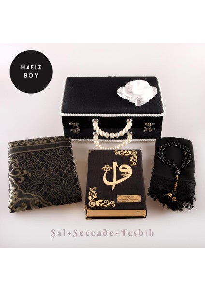 Boncuklu Kutu Çeyizlik, Şal + Seccade + Tesbih + Kuran Hediye Seti (Hafız B. Kadife, Siyah)