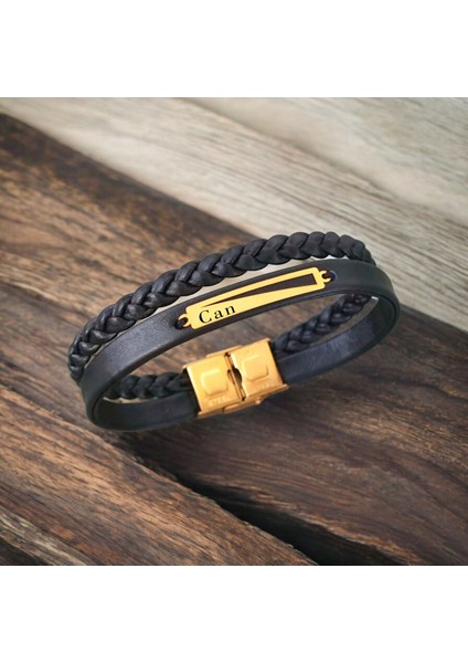 14 Ayar Plakalı Altın Dekoratif Dikdörtgen Figürlü Derili Erkeklere Özel Isim Bilekliği-393İsim-Siyah