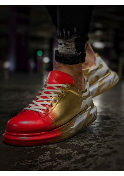 Bağcıklı Baskılı Erkek Spor Ayakkabı Kırmızı Altın fiyatları
