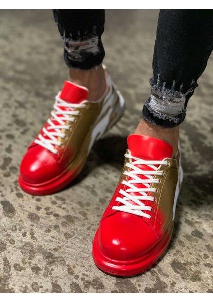 Bağcıklı Baskılı Erkek Spor Ayakkabı Kırmızı Altın modelleri