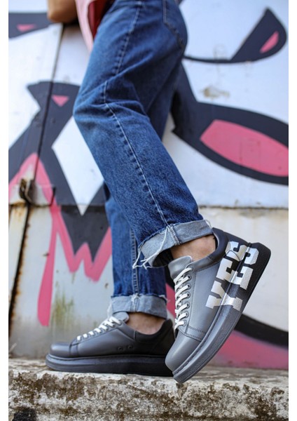 Bağcıklı Baskılı Erkek Spor Ayakkabı Gri Koyu Gri