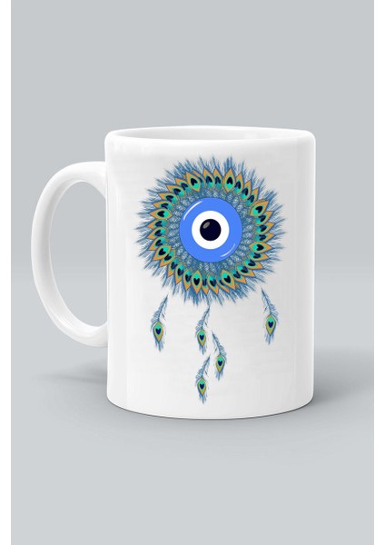 Nazar Boncuğu Ra Göz Dreamcatcher Düş Kapanı Baskılı Beyaz Kupa Bardak
