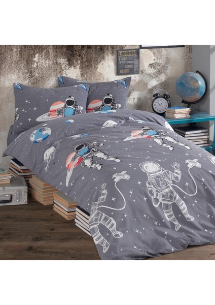 Astronaut Ranforce Pamuklu Tek Kişilik Nevresim Seti Gri