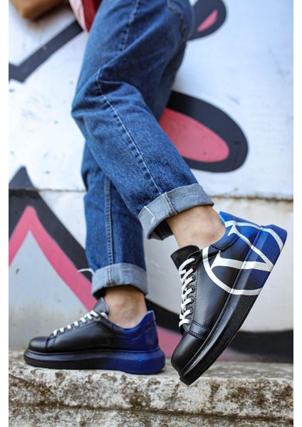 Bağcıklı Baskılı Erkek Spor Ayakkabı siyah Mavi