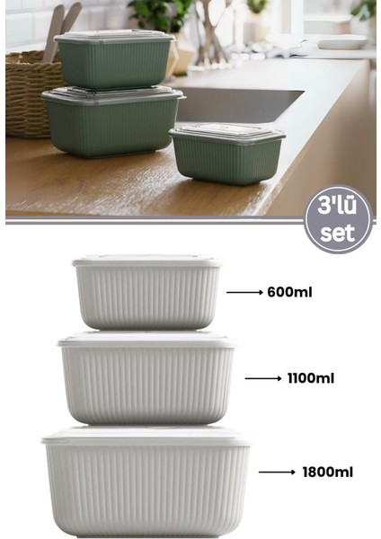 3’lü Erzak Gıda Saklama Kabı, Buzdolabı Düzenleyici Organizer 3’lü Set (600ML,1100ML,1800ML)