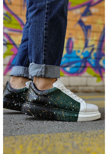 Bağcıklı Baskılı Erkek Spor Ayakkabı Beyaz Yeşil Siyah