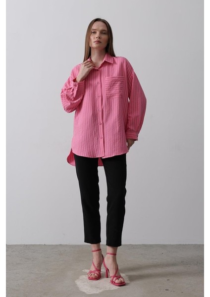 Çizgili Tek Cep Gömlek - Pembe