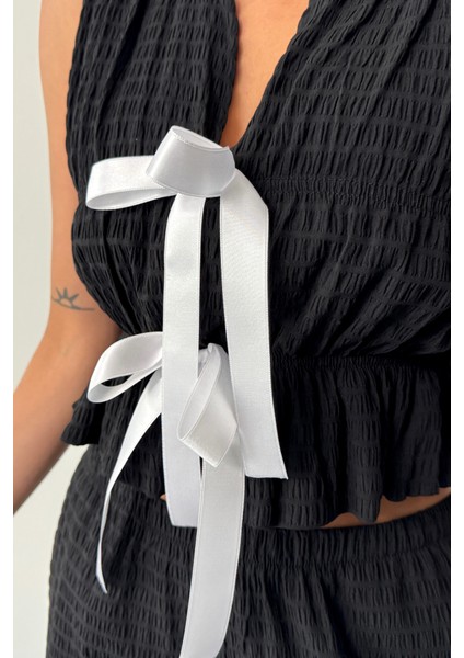 Gofre Bluz-Pantolon Tk Kurdele Detaylı - Siyah fiyatları