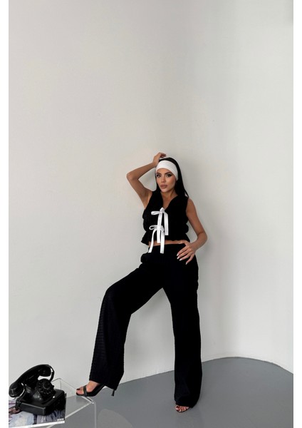 Gofre Bluz-Pantolon Tk Kurdele Detaylı - Siyah modelleri