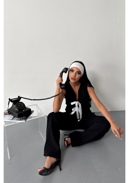 Gofre Bluz-Pantolon Tk Kurdele Detaylı - Siyah fırsatları