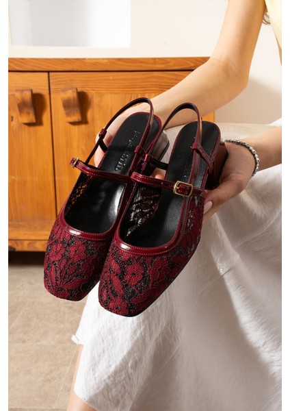 Dennys Dantel Kumaş Detaylı Bordo Kadın Abiye Topuklu Ayakkabı