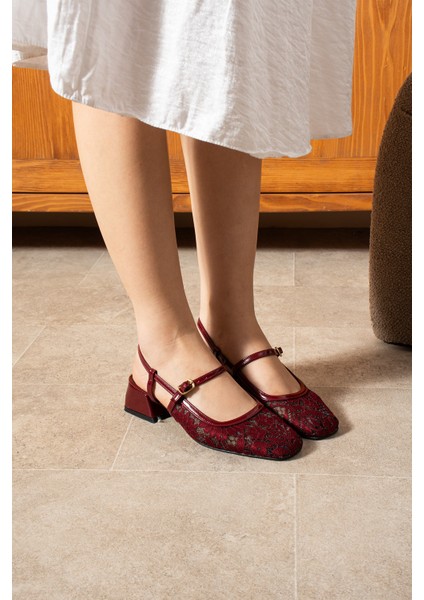 Dennys Dantel Kumaş Detaylı Bordo Kadın Abiye Topuklu Ayakkabı modelleri