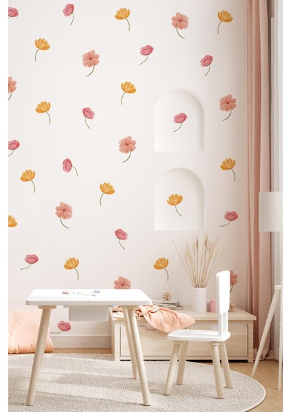 Açık ve Soft Renklerde Çiçeklerden Oluşan Özel Çizim Sticker Seti 68 Adet Özel Keismli Sticker Seti