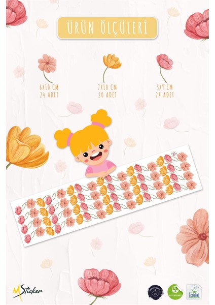 Açık ve Soft Renklerde Çiçeklerden Oluşan Özel Çizim Sticker Seti 68 Adet Özel Keismli Sticker Seti indirimleri