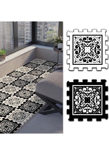 Dijital Baskılı Kare Desenli Balkon Halısı Yolluk Yapboz Puzzle Japon Halı