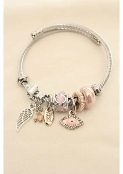Çelik Charm Bileklik Pembe Taşlı ve Pembe Göz Figürlü