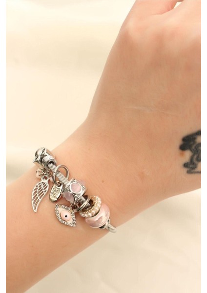 Çelik Charm Bileklik Pembe Taşlı ve Pembe Göz Figürlü fiyatları