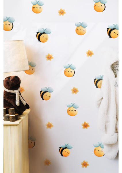 Sevimli Arılar ve Çiçekler Temalı Çocuk Bebek Odası Kreş Anaokulu Sticker Seti 47 Parça Özel Kesim