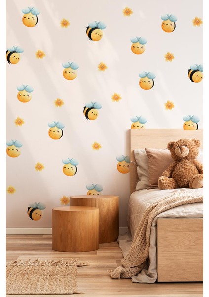 Sevimli Arılar ve Çiçekler Temalı Çocuk Bebek Odası Kreş Anaokulu Sticker Seti 47 Parça Özel Kesim