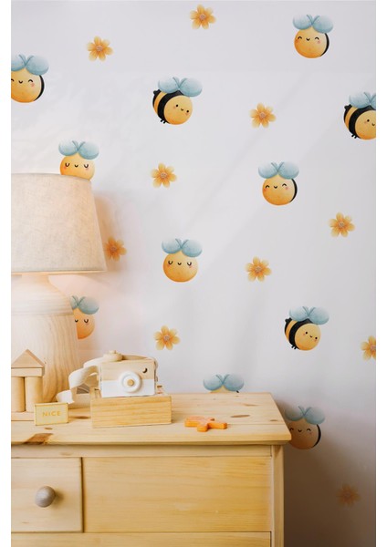 Sevimli Arılar ve Çiçekler Temalı Çocuk Bebek Odası Kreş Anaokulu Sticker Seti 47 Parça Özel Kesim