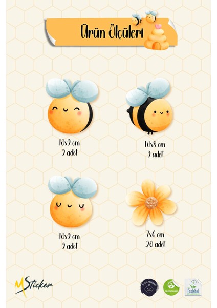 Sevimli Arılar ve Çiçekler Temalı Çocuk Bebek Odası Kreş Anaokulu Sticker Seti 47 Parça Özel Kesim