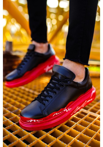 Bağcıklı Baskılı Erkek Spor Ayakkabı Kırmızı Beyaz Taban