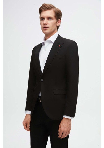 Slim Fit Siyah Düz Sivri Yaka Viskonlu Takim Elbise