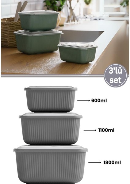 3’lü Erzak Gıda Saklama Kabı, Buzdolabı Düzenleyici Organizer 3’lü Set (600ML,1100ML,1800ML)