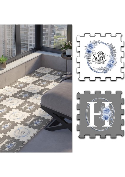 Dijital Baskılı Kare Desenli-Sweel Home Karakter Yazılı Balkon Halısı Yolluk Yapboz Puzzle Japon Halı