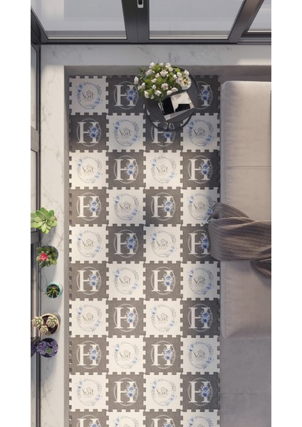 Dijital Baskılı Kare Desenli-Sweel Home Karakter Yazılı Balkon Halısı Yolluk Yapboz Puzzle Japon Halı