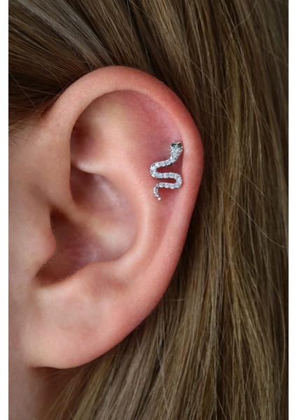 Cerrahi Çelik Taşlı Yılan Helix-Tragus-Kıkırdak-Piercing Gümüş Renk (8mm)