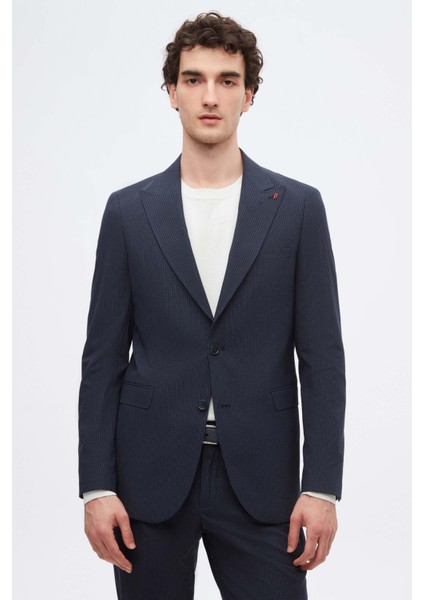Slim Fit Lacivert Çizgi Desenli Takim Elbise