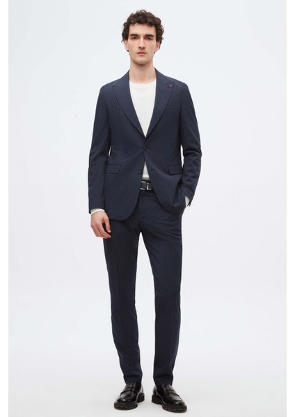 Slim Fit Lacivert Çizgi Desenli Takim Elbise