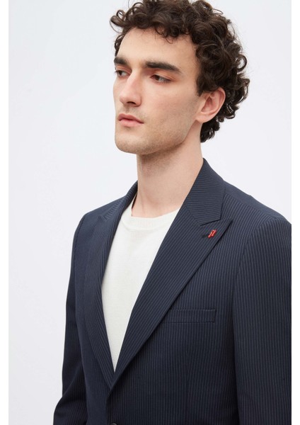 Slim Fit Lacivert Çizgi Desenli Takim Elbise