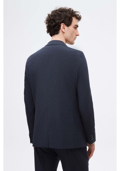 Slim Fit Lacivert Çizgi Desenli Takim Elbise