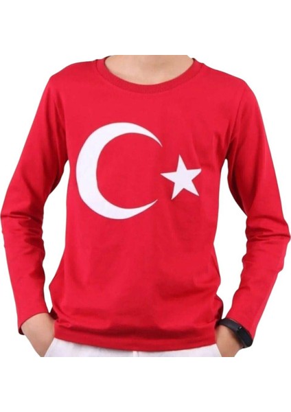 Türk Bayraklı Çocuk Uzun Kollu Kırmızı Tişört