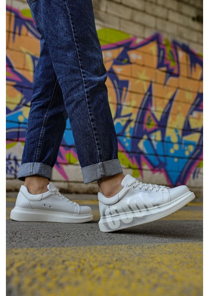 Bağcıklı Baskılı Erkek Spor Ayakkabı Beyaz Gümüş Cool