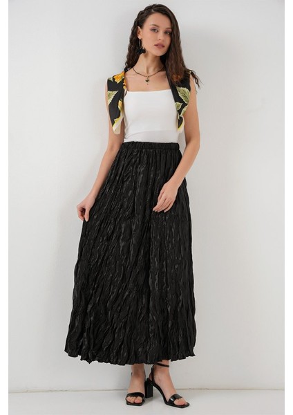 Uzun Kırışık Etek 8034 - Siyah