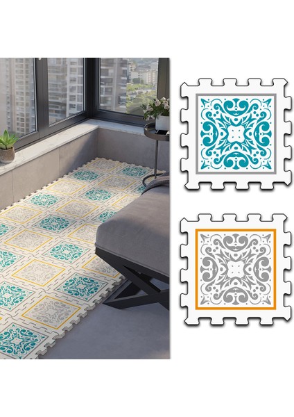 Dijital Baskılı Renkli Kare Desenli Balkon Halısı Yolluk Yapboz Puzzle Japon Halı