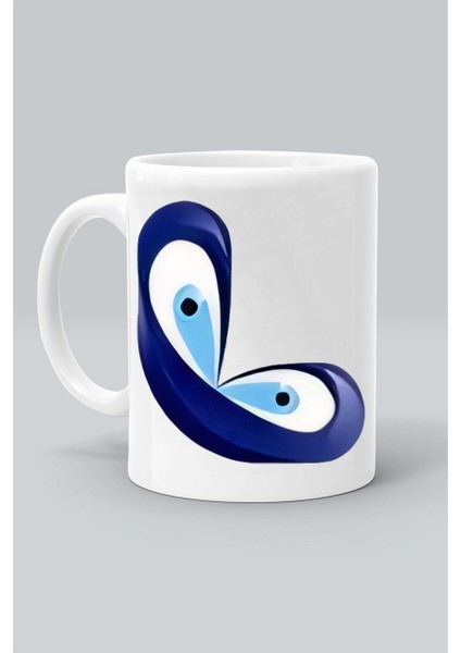 L Harf Nazar Boncuğu Desen Baskılı Klasik Beyaz Kupa Bardak