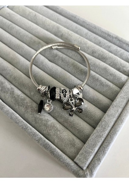 Çelik Gümüş Full Siyah Taşlı Kelebek Model Bileklik