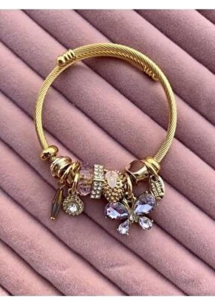 Mor Kristal Kelebek Charmlı Ayarlanabilir Gold Çelik Bileklik fiyatları