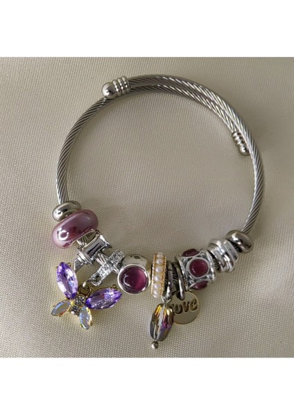 Lila Kelebek ve Love Charmlı Çelik Bileklik